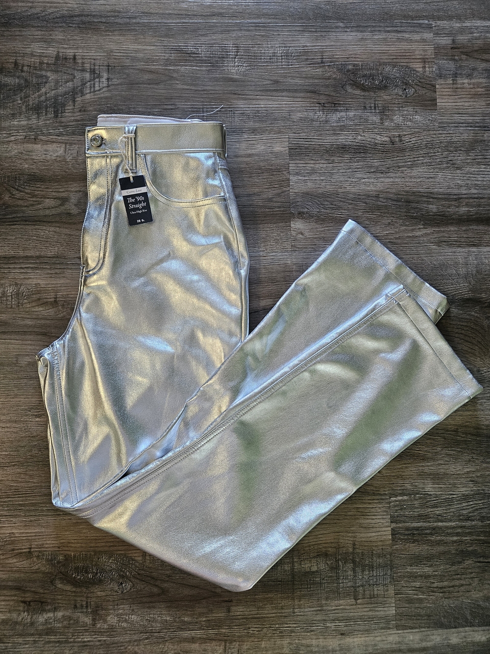 Abercrombie & Fitch Silver Metallic The 90's Straight High Ultra Rise Pants